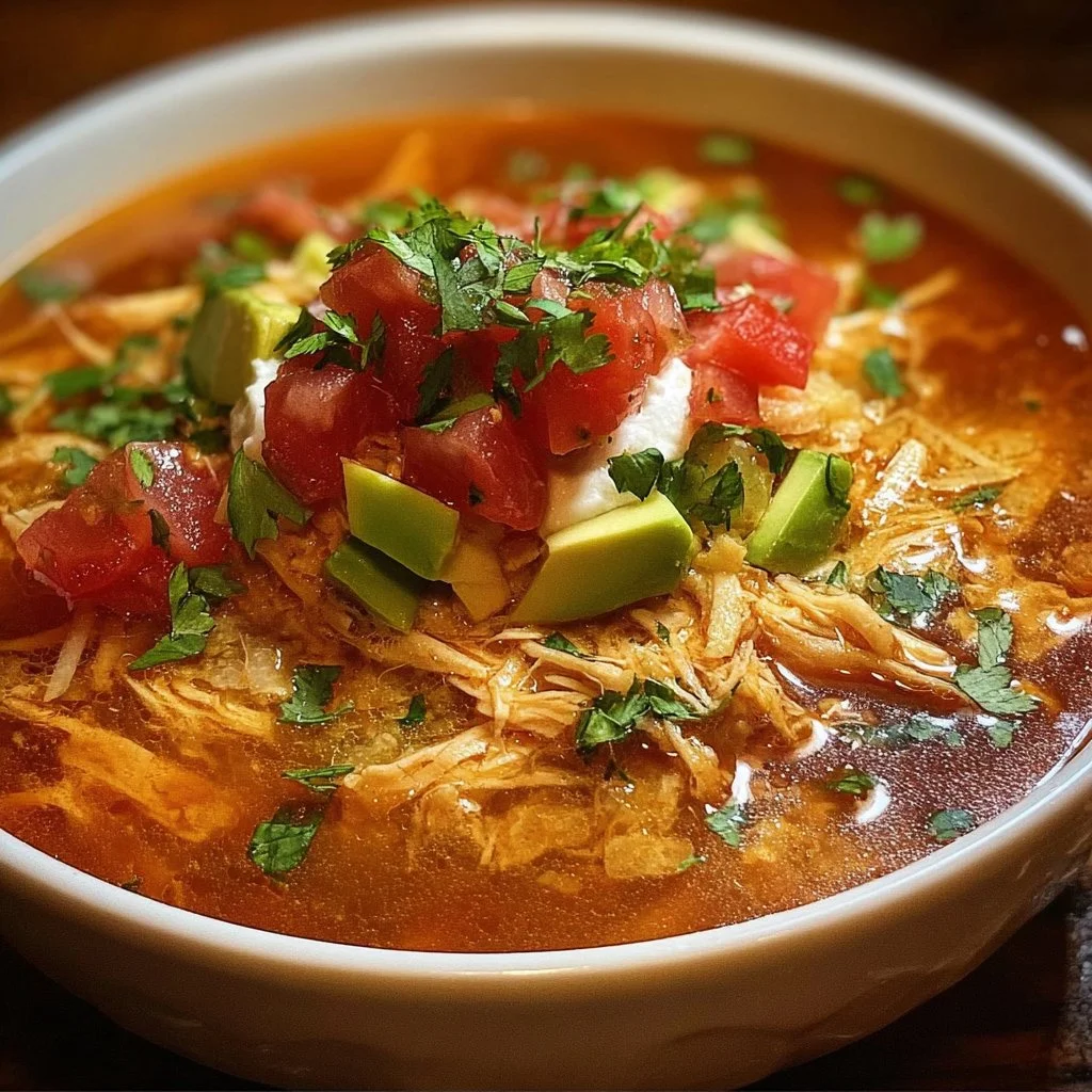 Bowl of crockpot chicken tortilla soup garnished with tortilla strips and cilantro
