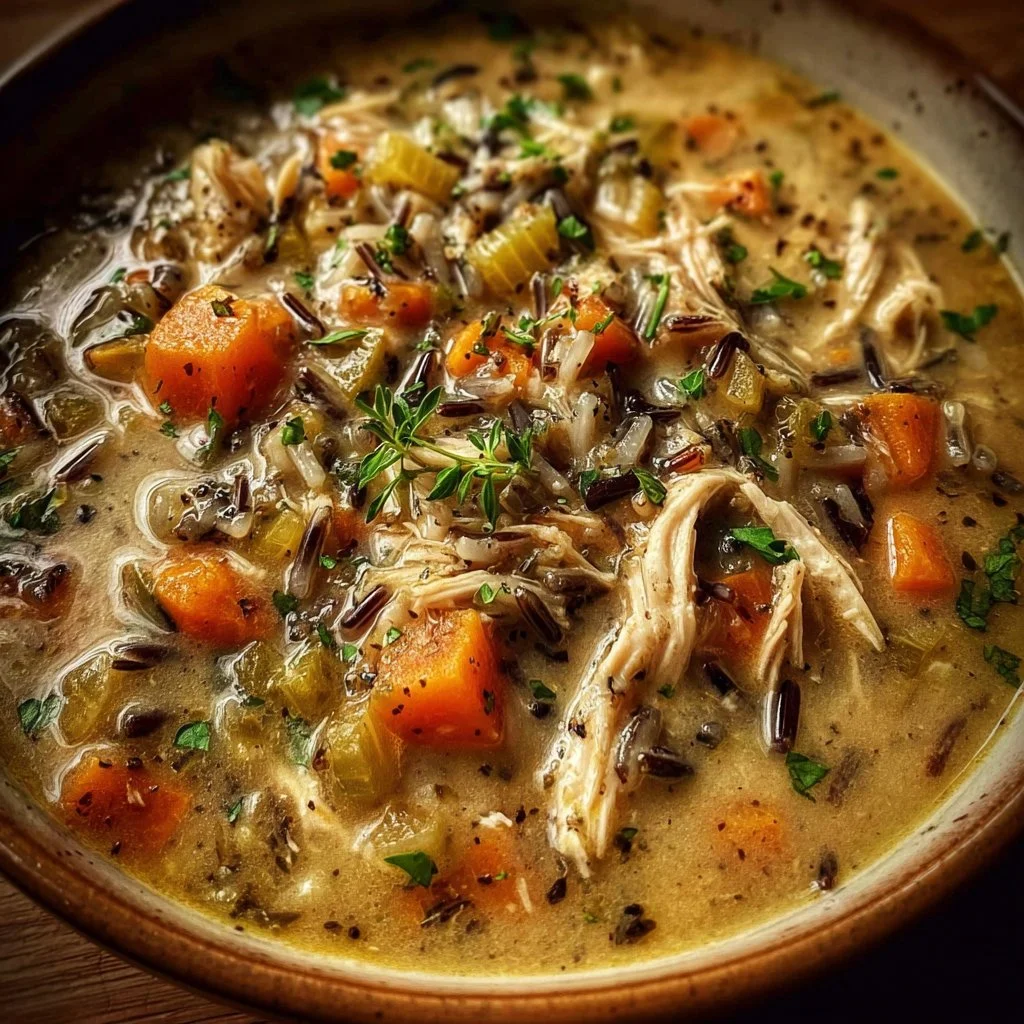 Crockpot Chicken Wild Rice Soup in a bowl garnished with herbs