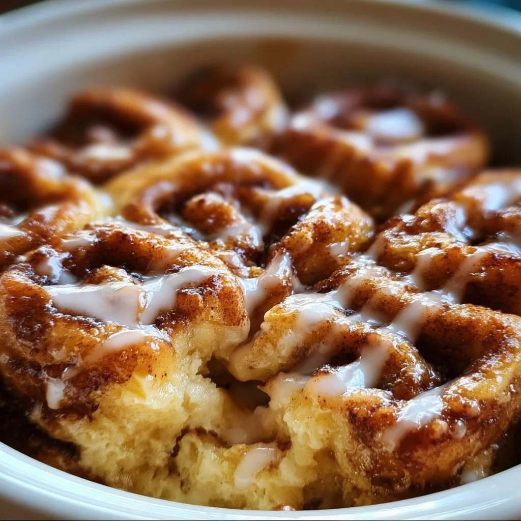 Crockpot Cinnamon Roll Casserole topped with icing and served on a plate