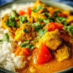 Crockpot Coconut Curry Chicken in a bowl garnished with cilantro