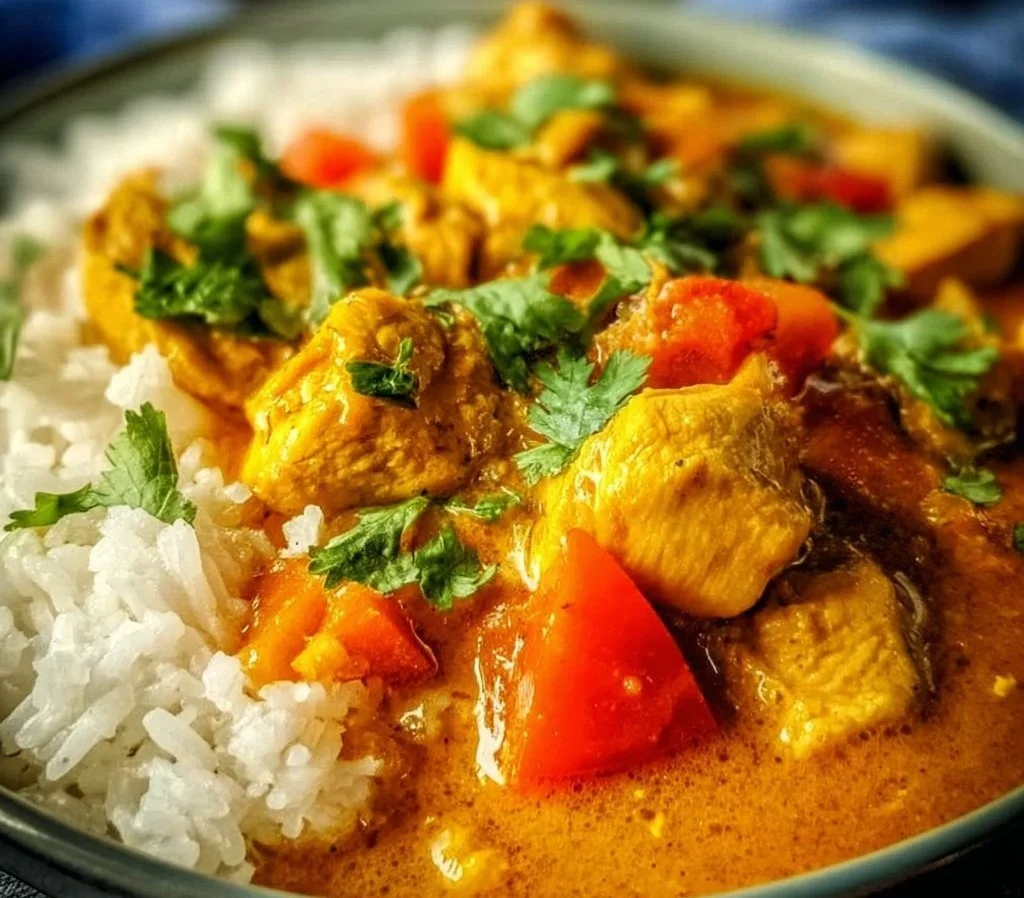 Crockpot Coconut Curry Chicken in a bowl garnished with cilantro