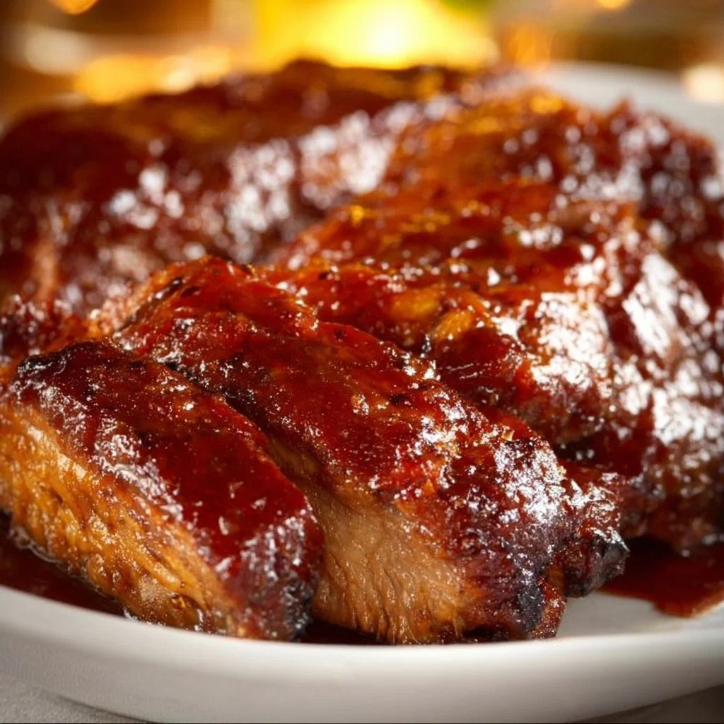Crockpot country style ribs with barbecue sauce in a slow cooker