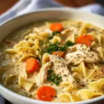 Bowl of creamy chicken noodle soup made in a crockpot