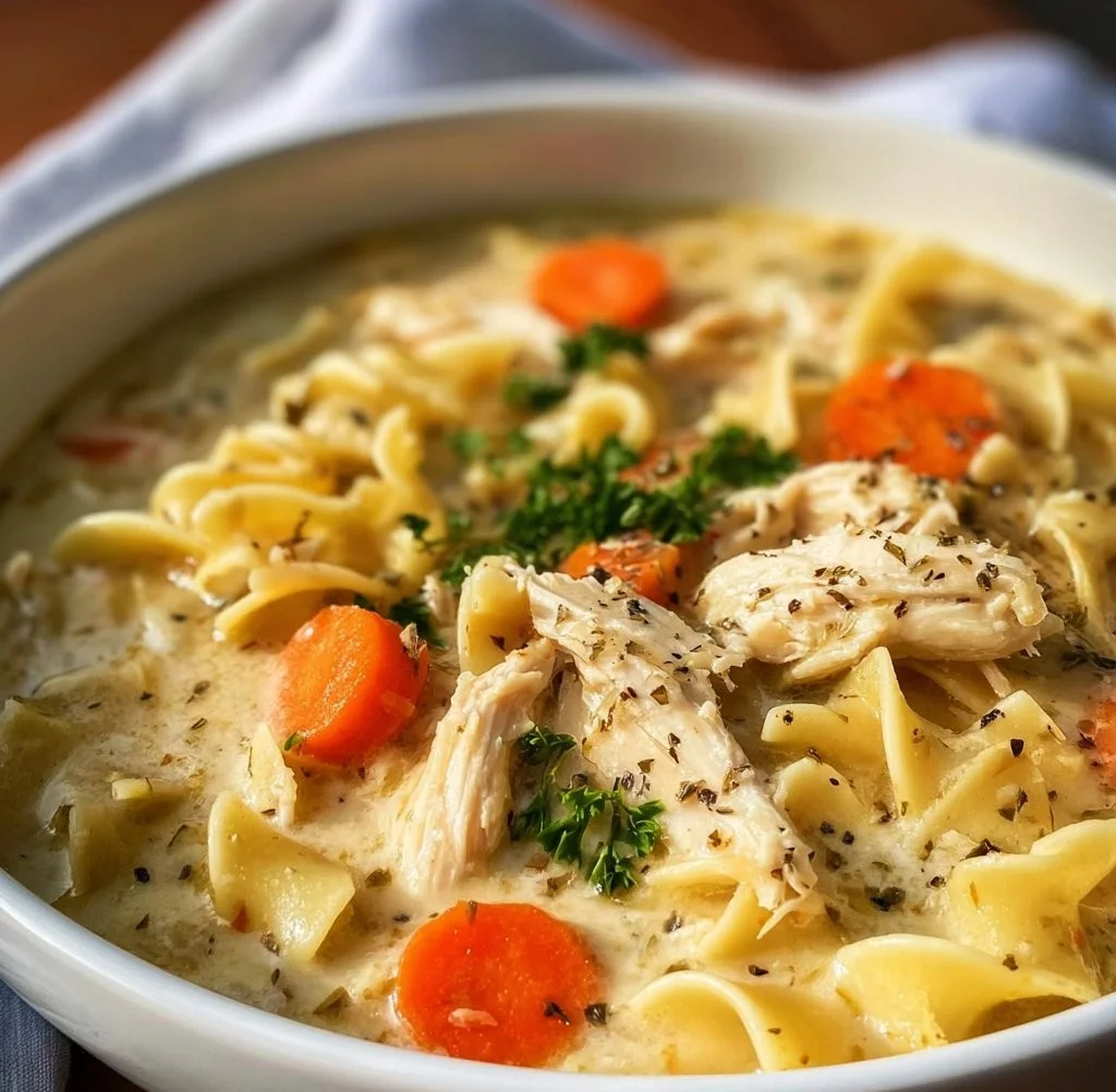 Bowl of creamy chicken noodle soup made in a crockpot