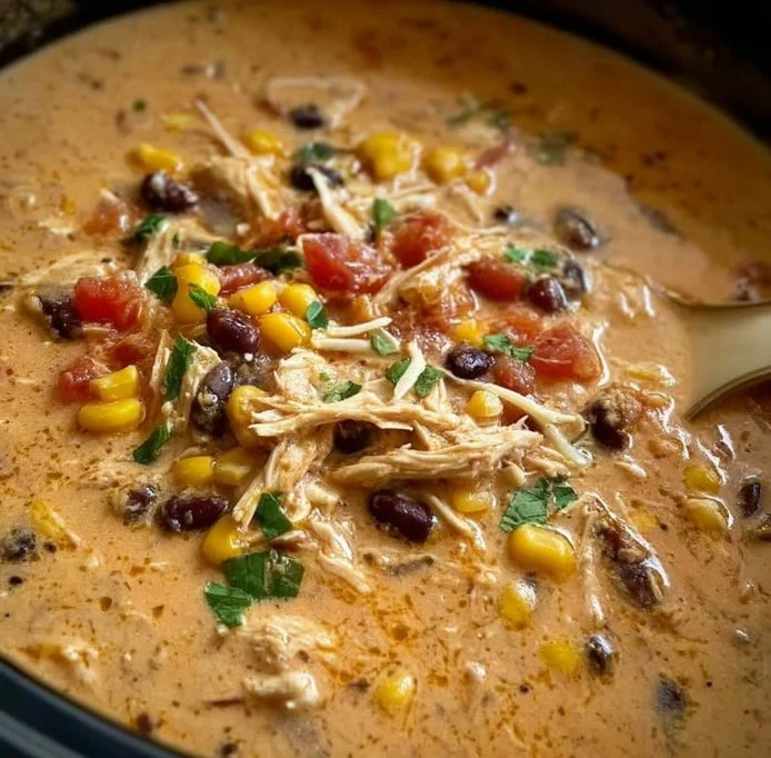 Bowl of Crockpot Creamy Chicken Taco Soup garnished with cilantro and lime