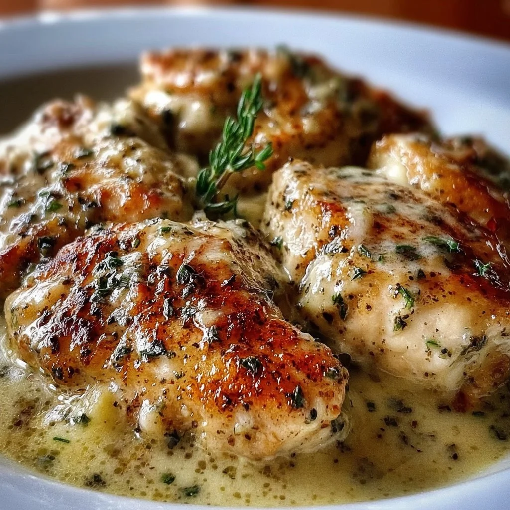 Crockpot Creamy Garlic Parmesan Chicken served with herbs and spices