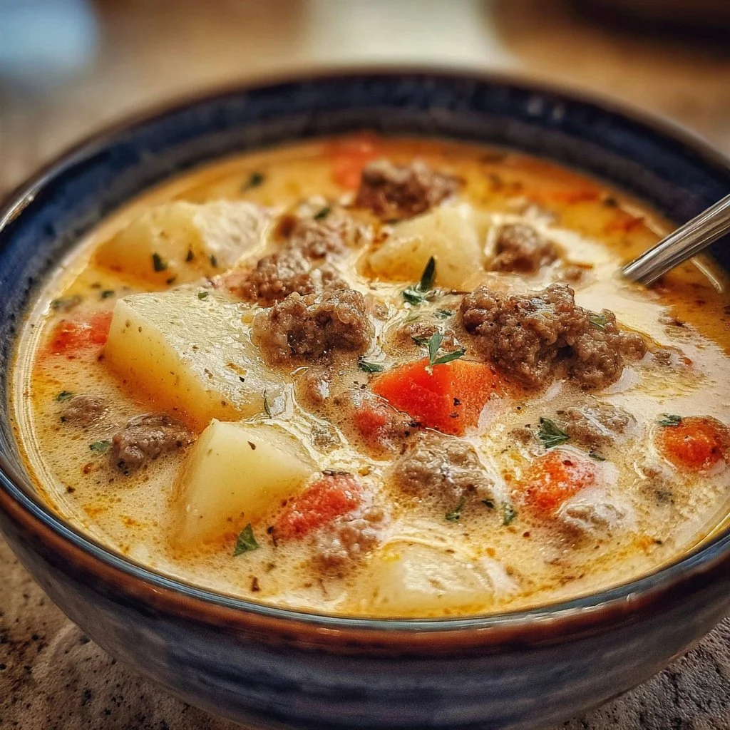 Crockpot creamy potato and hamburger soup in a bowl with fresh herbs on top.