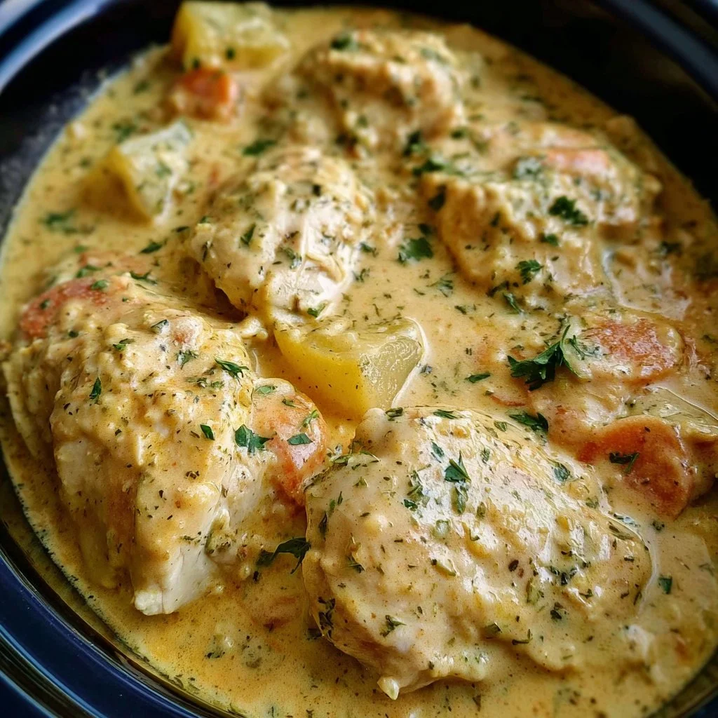 Creamy Ranch Chicken prepared in a crockpot with herbs and spices