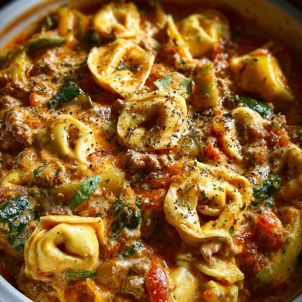 Delicious Crockpot creamy tortellini served in a bowl with fresh herbs.