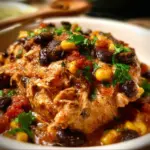 Crockpot Fiesta Chicken served with colorful toppings and garnishes.