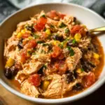 Crockpot Fiesta Chicken served with rice and colorful vegetables