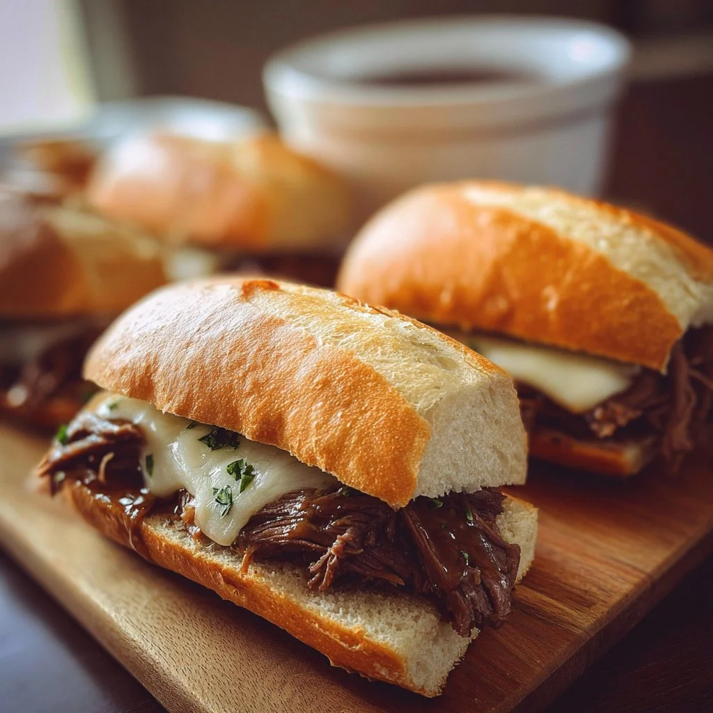 Delicious Crockpot French Dip Sandwiches served on a platter with au jus