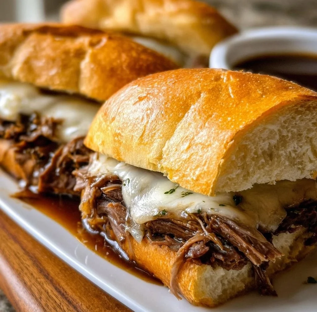 Crockpot French Dip Sandwiches with juicy beef and savory broth