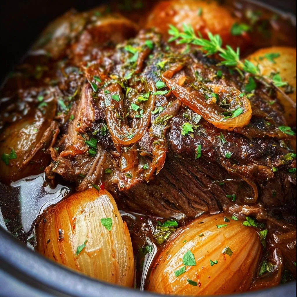 Delicious Crockpot French Onion Pot Roast served with onions and herbs