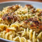 Delicious Crockpot Garlic Parmesan Chicken Pasta served on a plate