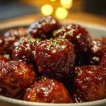 Crockpot grape jelly meatballs in a serving dish garnished with herbs.