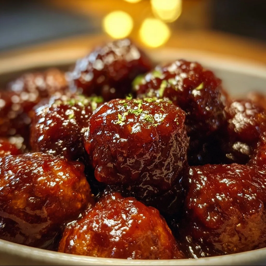 Crockpot grape jelly meatballs in a serving dish garnished with herbs.