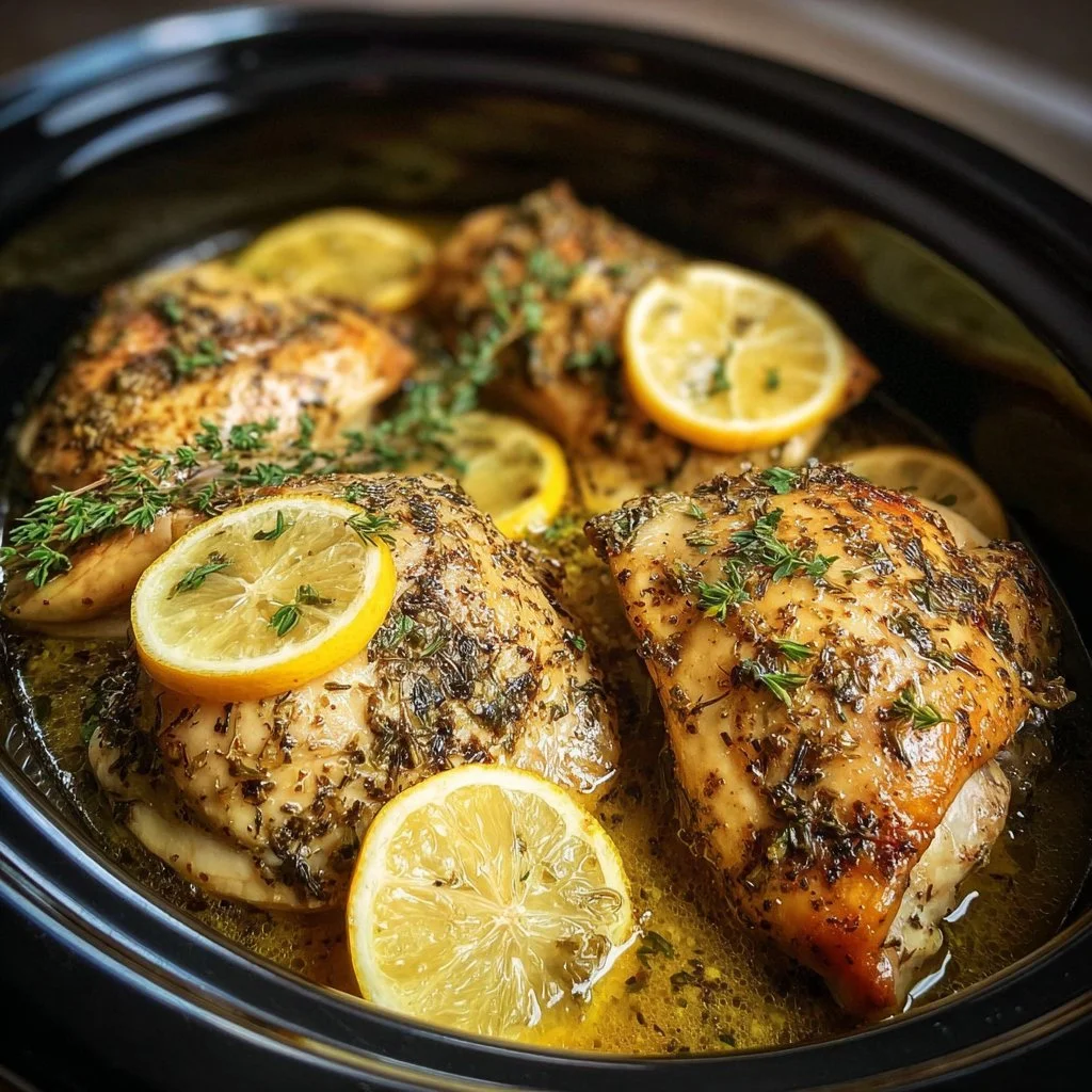Crockpot Greek Lemon Chicken dish with lemon slices and herbs served in a bowl.