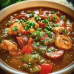 Delicious bowl of Crockpot Gumbo with rice, vegetables, and spices.