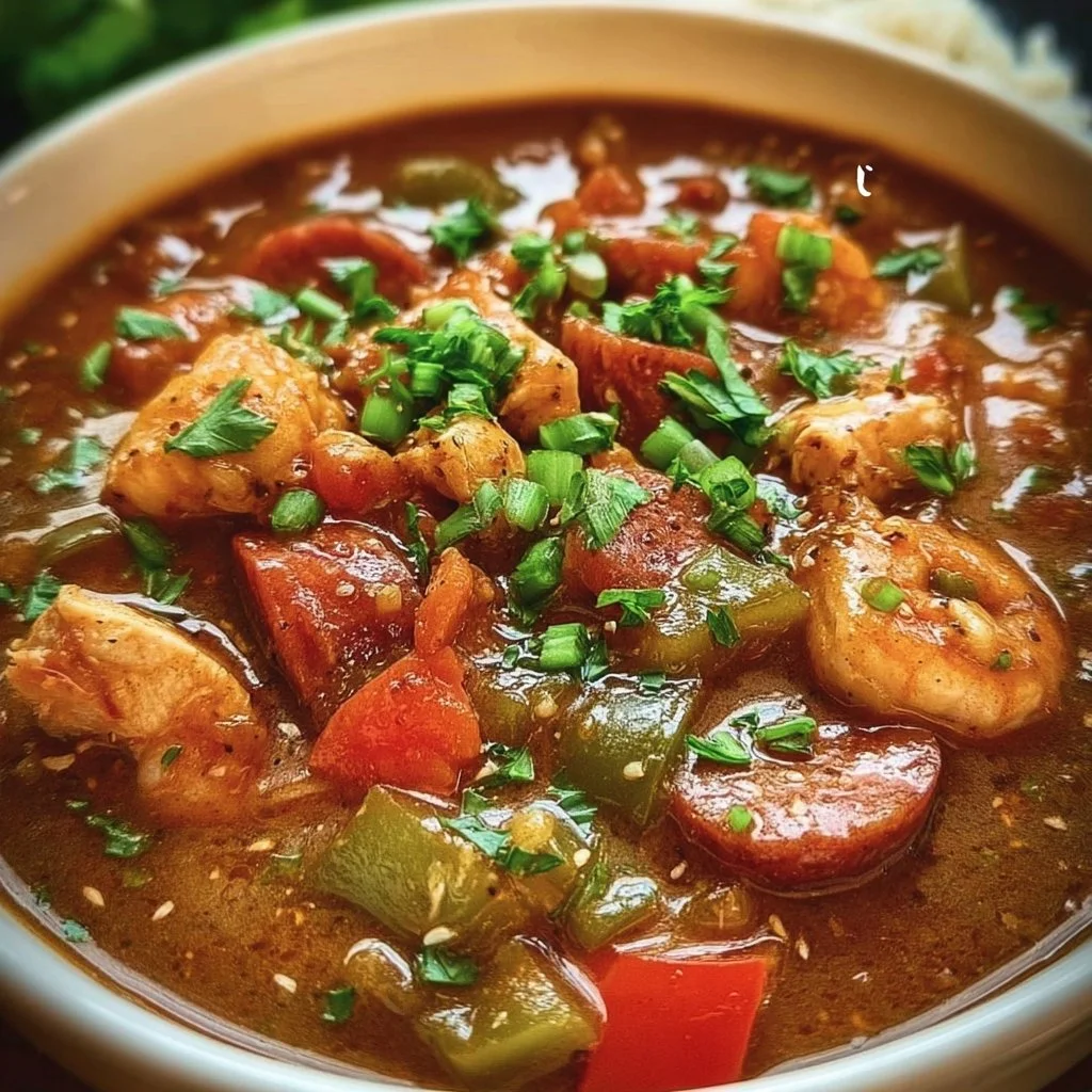 Delicious bowl of Crockpot Gumbo with rice, vegetables, and spices.