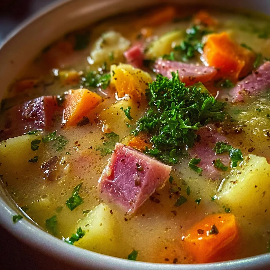 A bowl of Crockpot Ham and Potato Soup garnished with herbs.