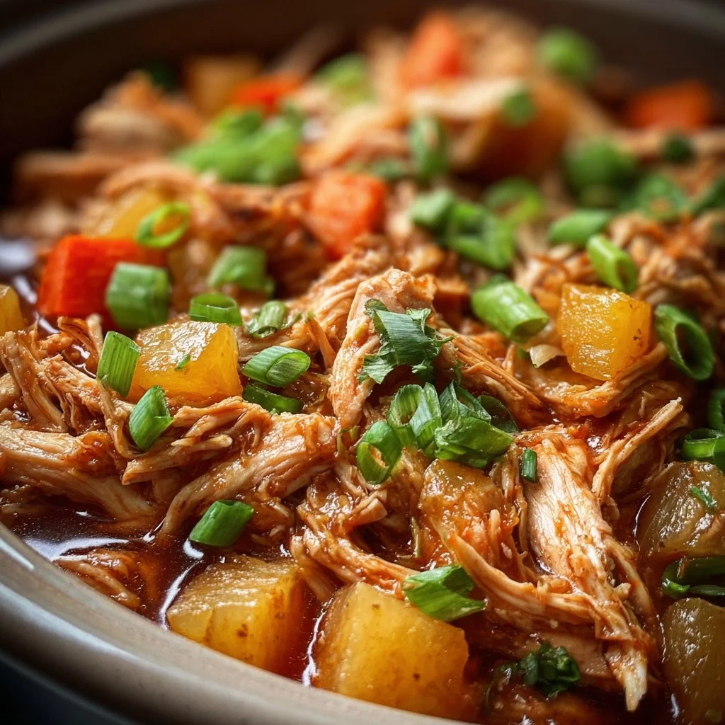 Crockpot Hawaiian Chicken dish with vibrant pineapple and chicken pieces