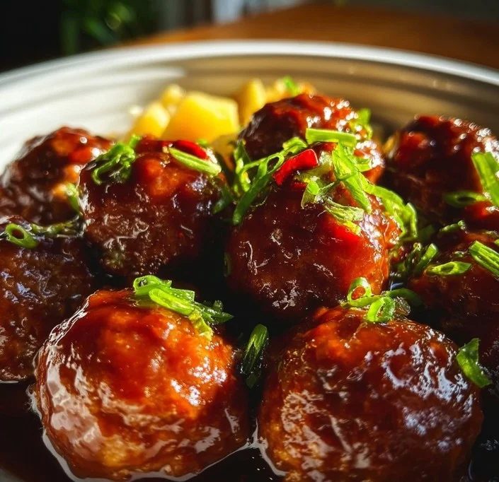 Plate of delicious Crockpot Hawaiian Meatballs with pineapple and sauce