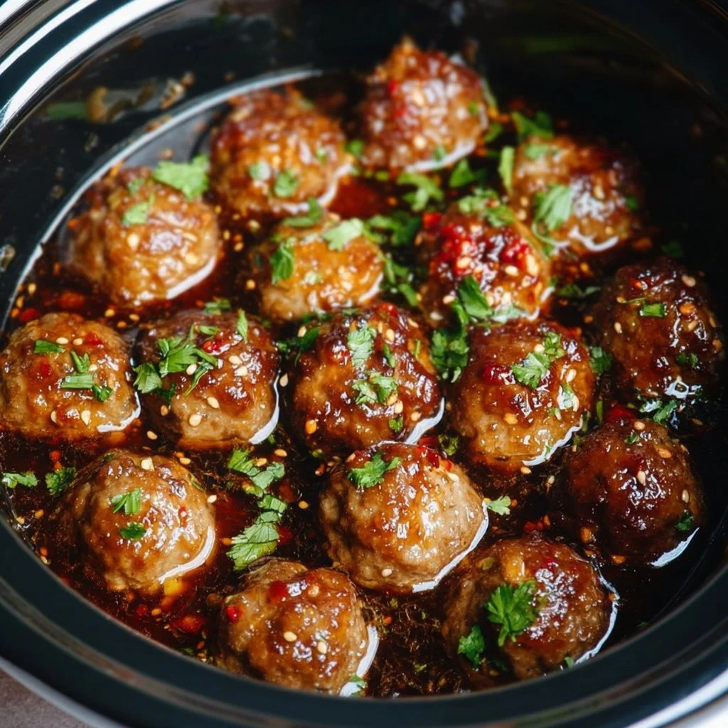 Crockpot honey garlic meatballs garnished and ready to serve