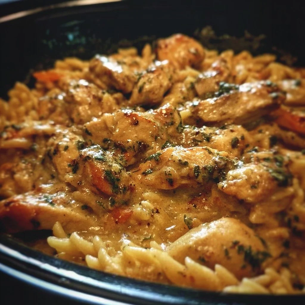 Slow-cooked Crockpot Italian Chicken with herbs and spices.