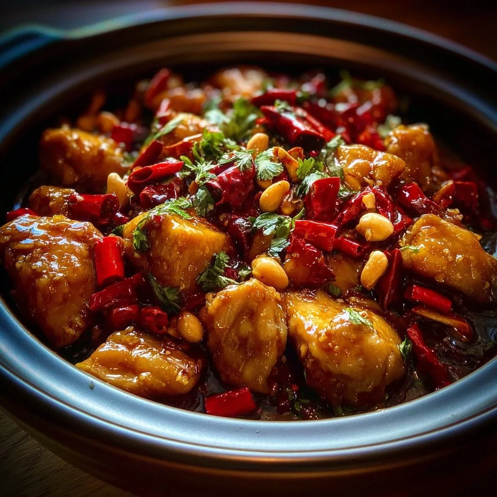 Crockpot Kung Pao Chicken served in a bowl with peanuts and vegetables