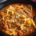 Bowl of delicious Crockpot Lasagna Soup topped with cheese and herbs