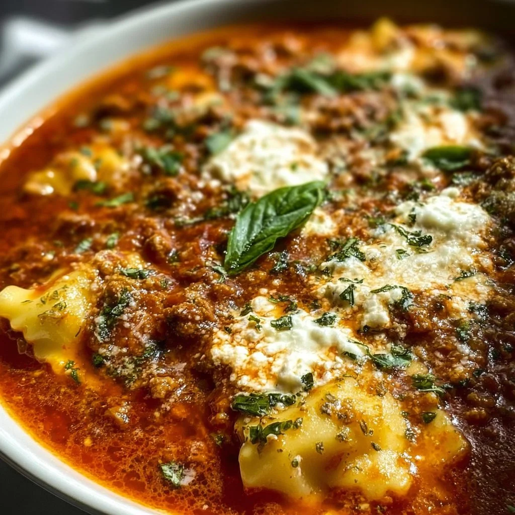 Delicious Crockpot Lasagna Soup topped with cheese and herbs