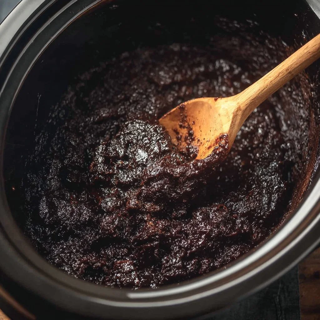 Delicious crockpot lava cake with melted chocolate center and whipped cream on top