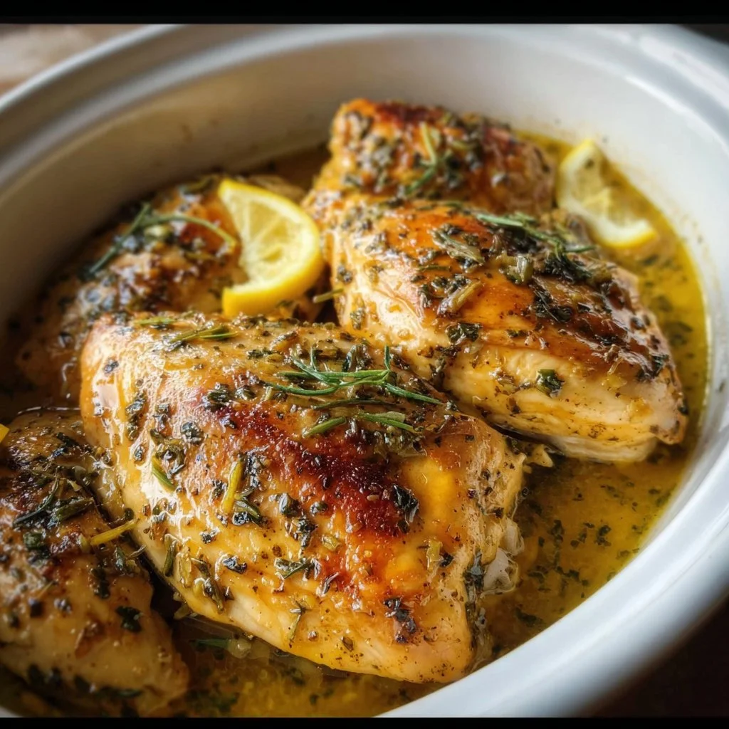 Delicious crockpot lemon garlic butter chicken garnished with fresh herbs