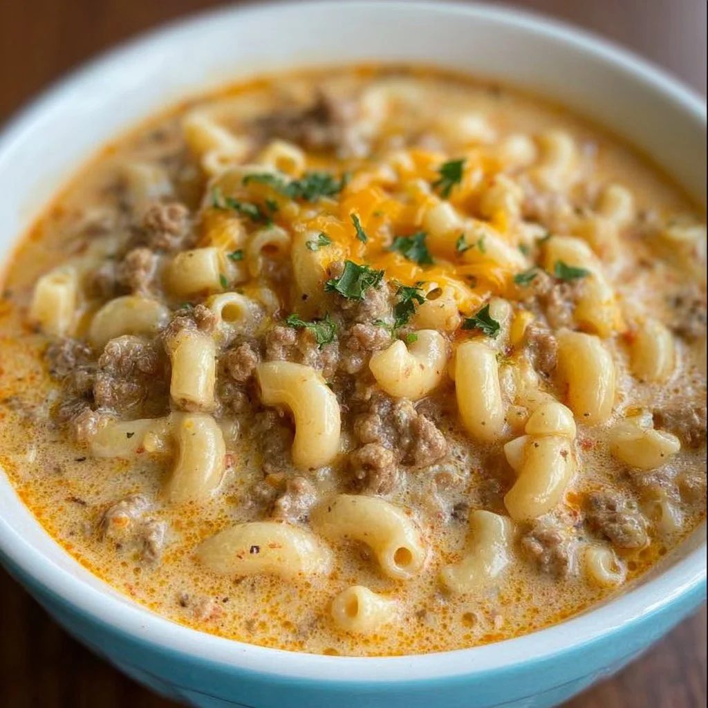 Crockpot macaroni cheeseburger soup in a bowl topped with cheese and herbs