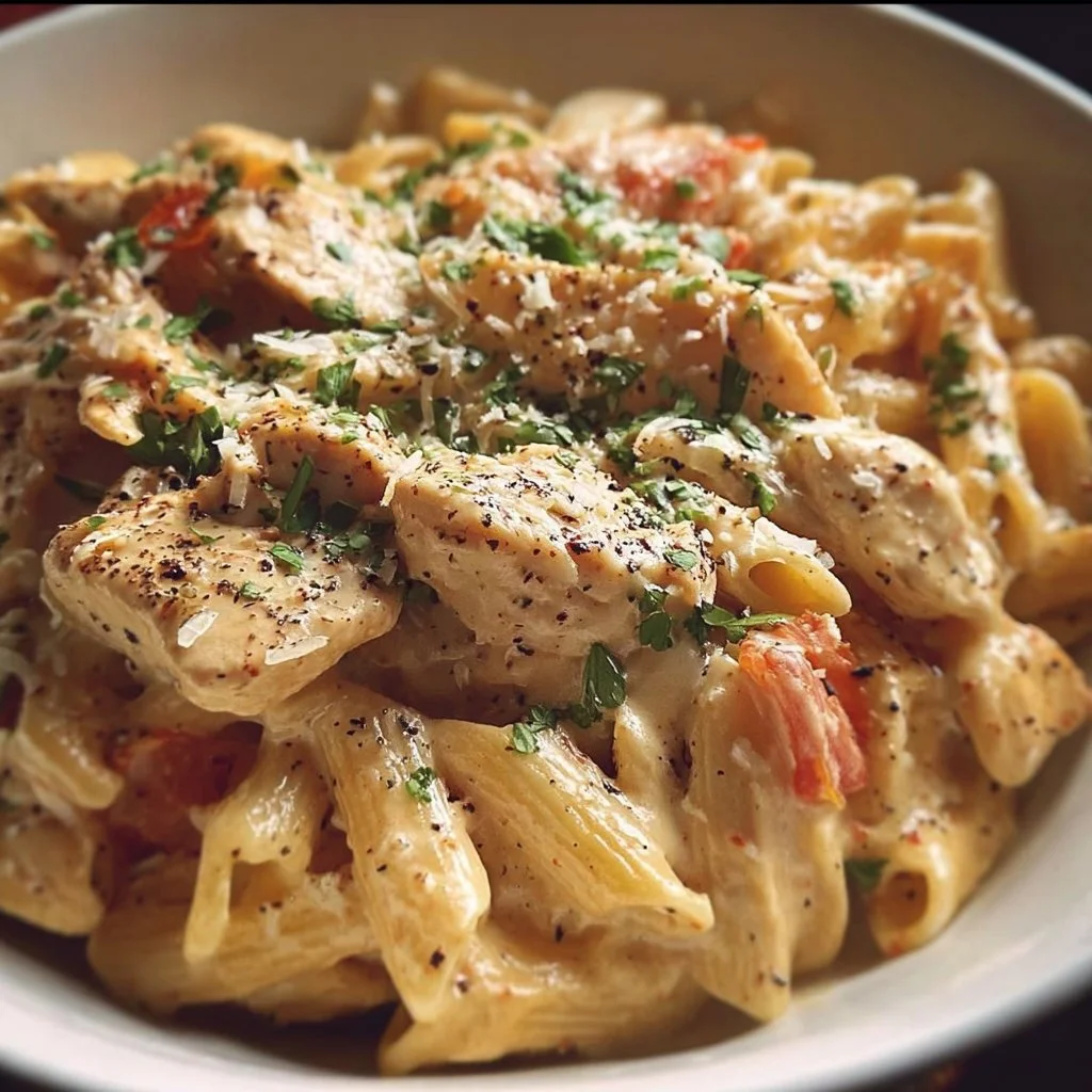Crockpot Marry Me Chicken Pasta served with fresh herbs and cheese.