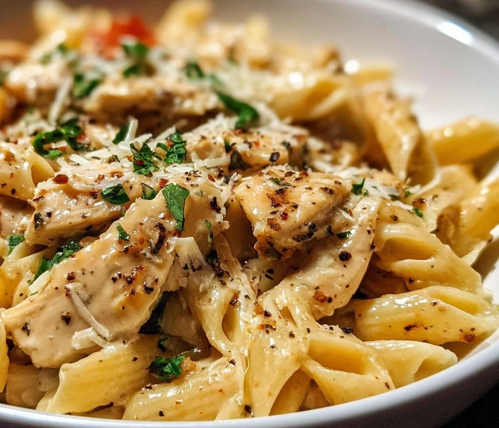 Crockpot Olive Garden Chicken Pasta served in a bowl with garnishes