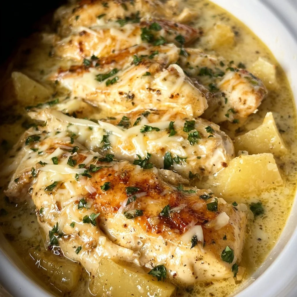 Crockpot Parmesan Garlic Chicken served with herbs and spices