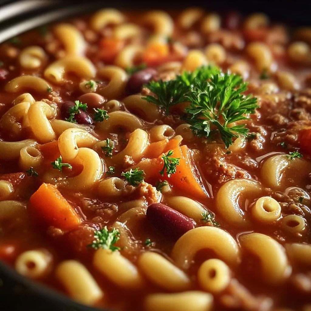 Bowl of hearty Crockpot Pasta Fagioli with beans and pasta