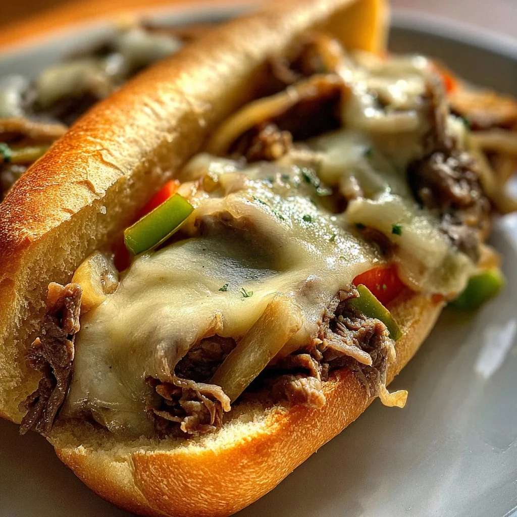 Delicious Crockpot Philly Cheesesteak with melted cheese and fresh ingredients