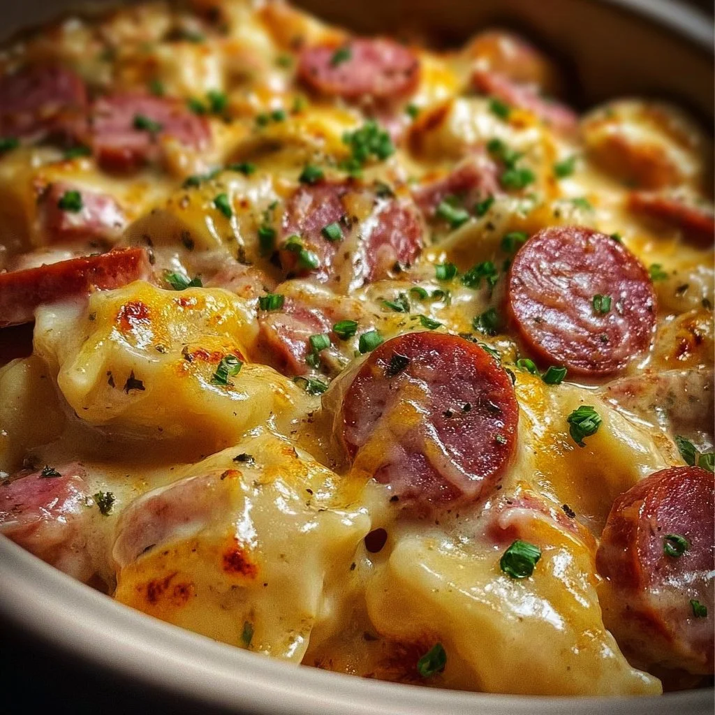 Crockpot Pierogi Casserole with Kielbasa recipe