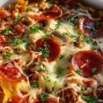Delicious Crockpot Pizza Casserole served in a bowl with toppings.