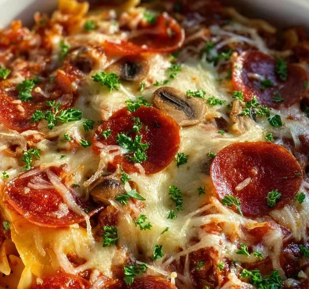 Delicious Crockpot Pizza Casserole served in a bowl with toppings.