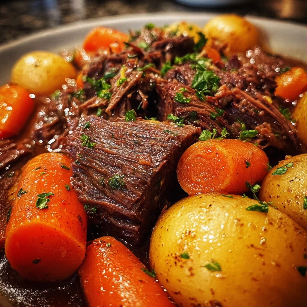 Delicious crockpot pot roast with vegetables and herbs