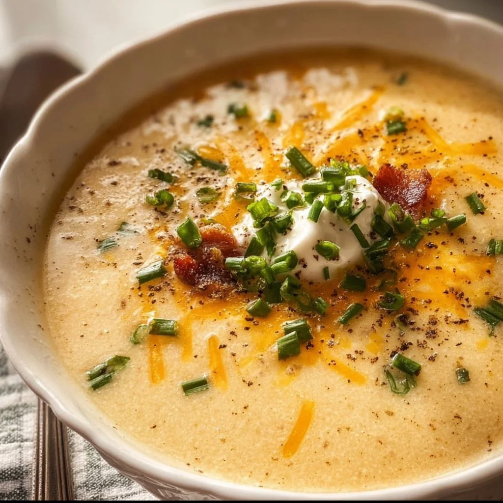 Bowl of creamy crockpot potato soup topped with green onions and cheese
