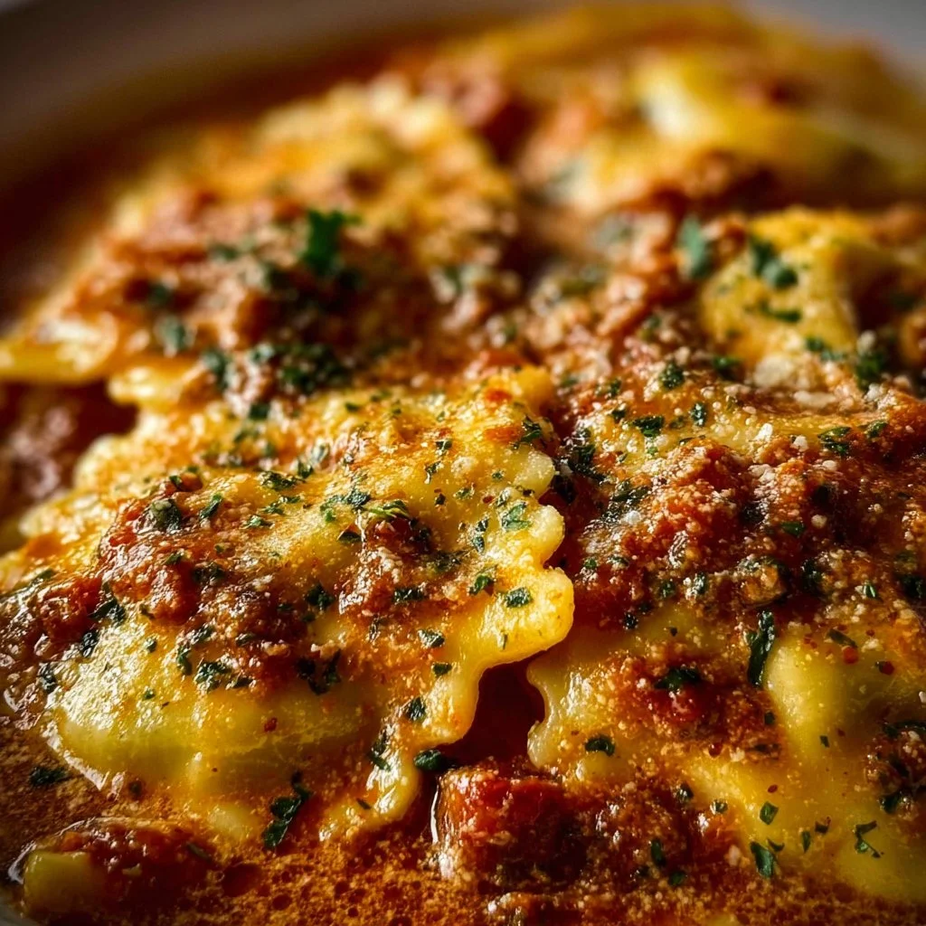 Delicious crockpot ravioli lasagna with cheese and marinara sauce