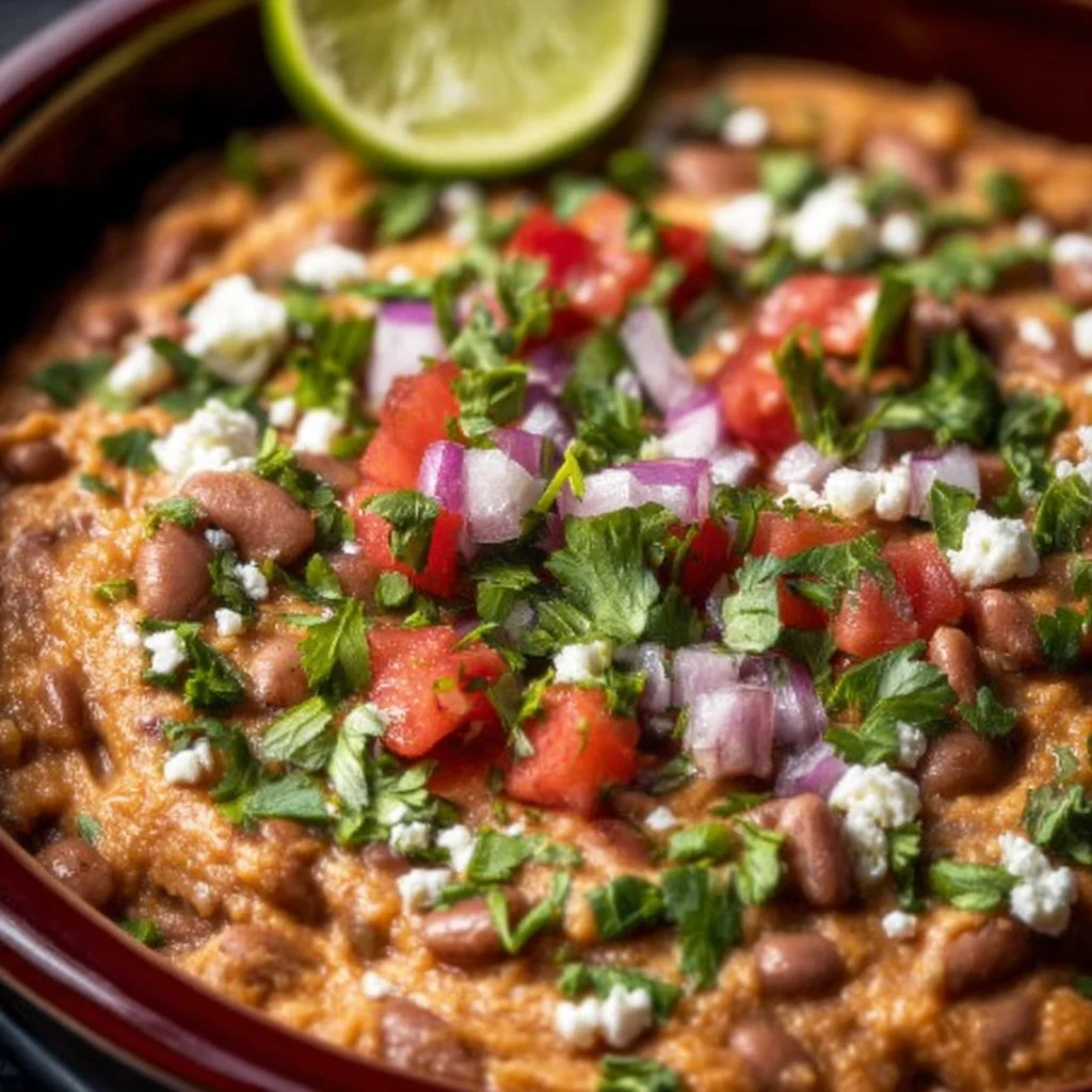 Crockpot refried beans in a bowl garnished with spices and cilantro