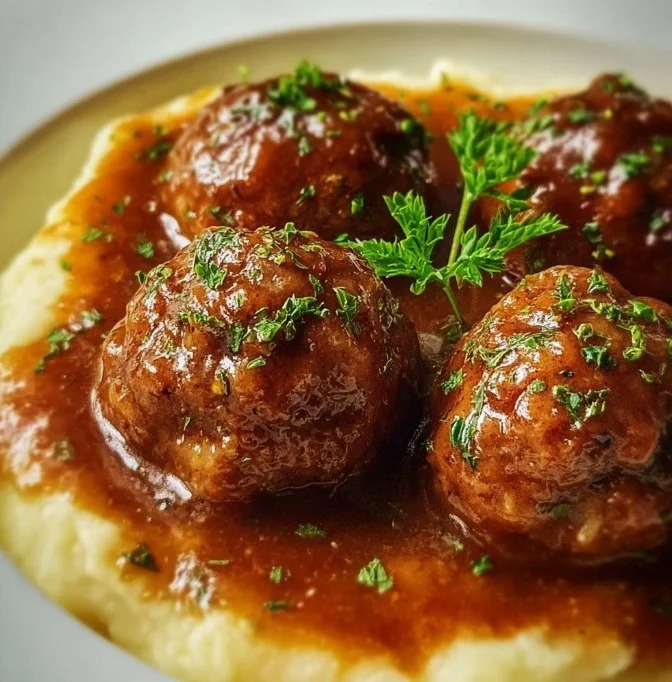 Crockpot Salisbury steak meatballs served on a plate with gravy and mashed potatoes.