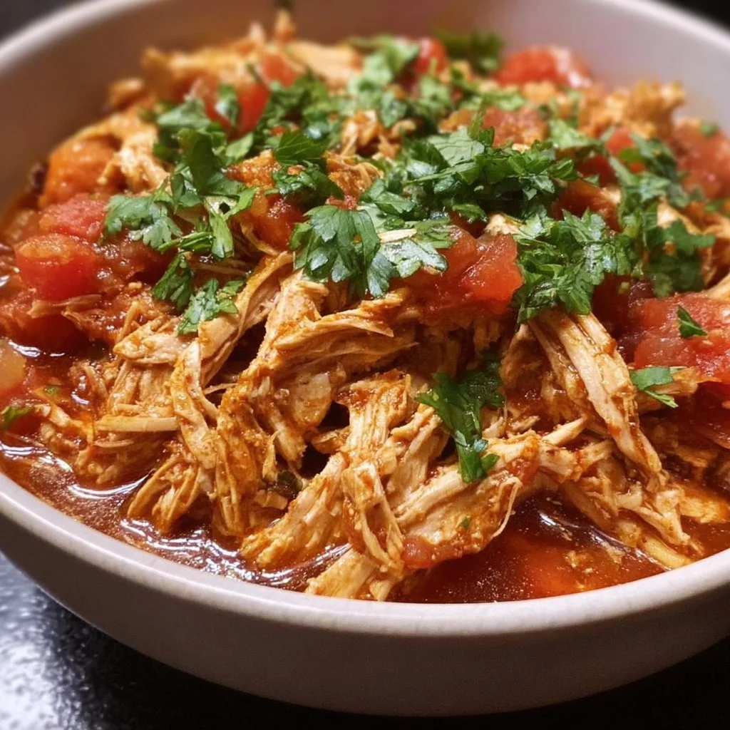 Crockpot salsa chicken served with rice and garnished with cilantro