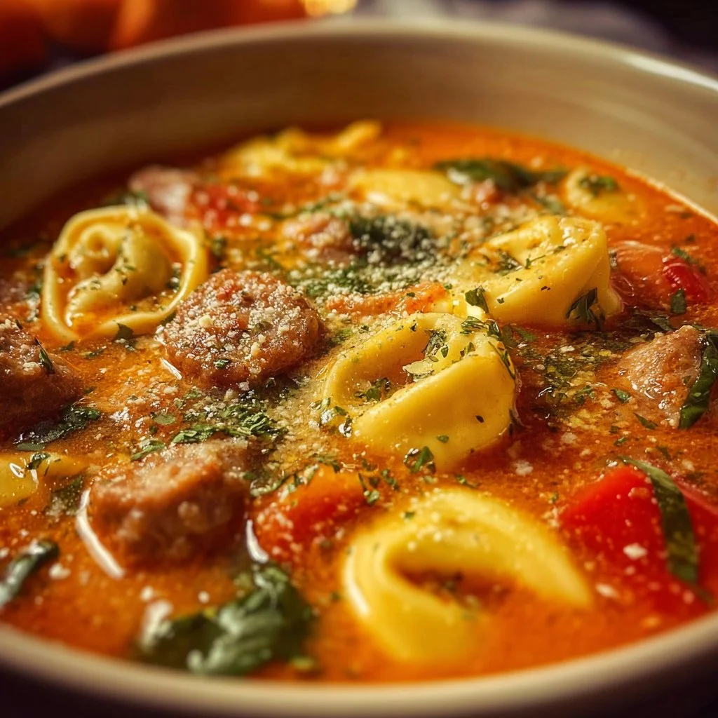 Crockpot sausage and tortellini soup in a bowl garnished with herbs.